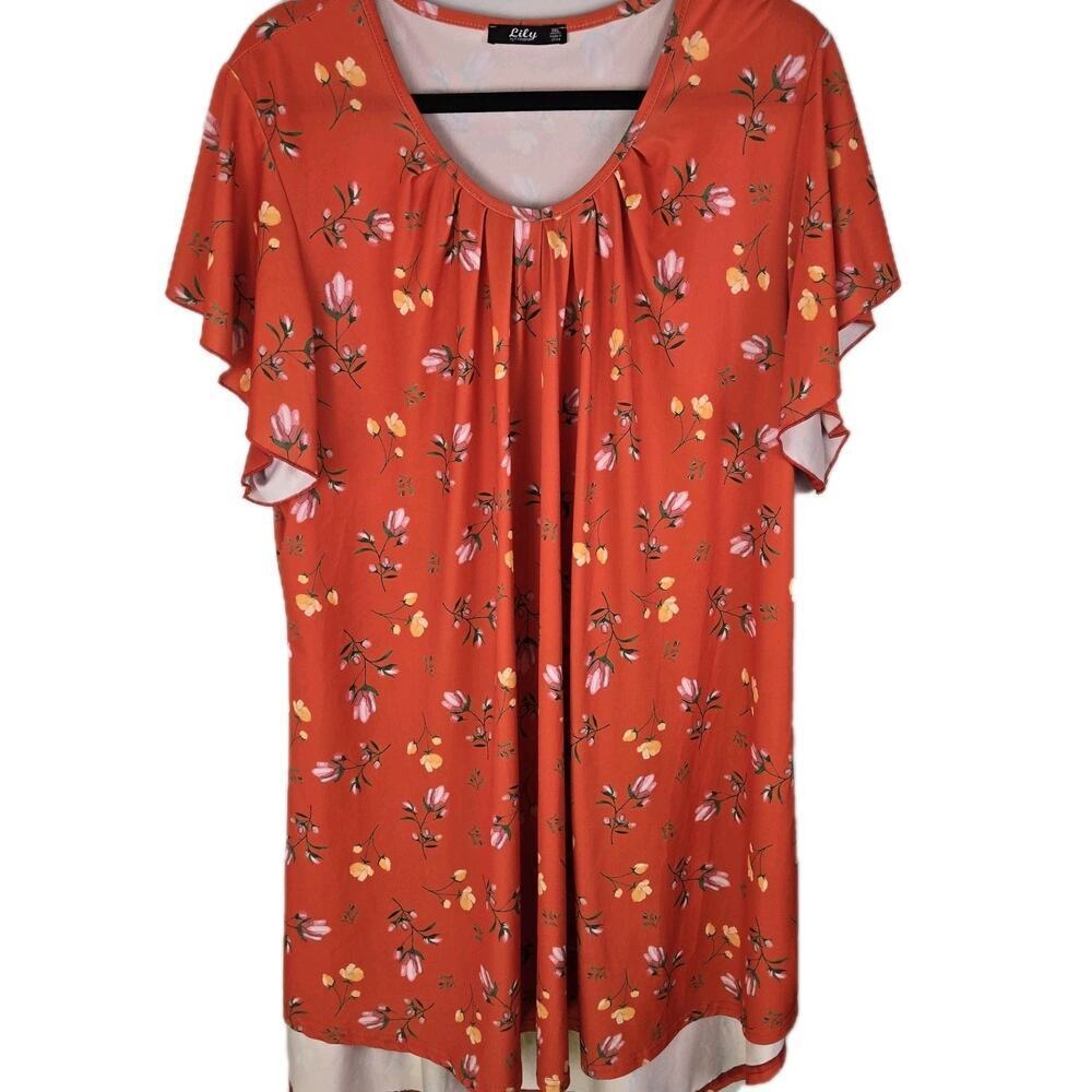 Lily by Firmiana Tunic Top Size 3X Orange Floral Bell Sleeve COASTAL GRANDMA Y2K